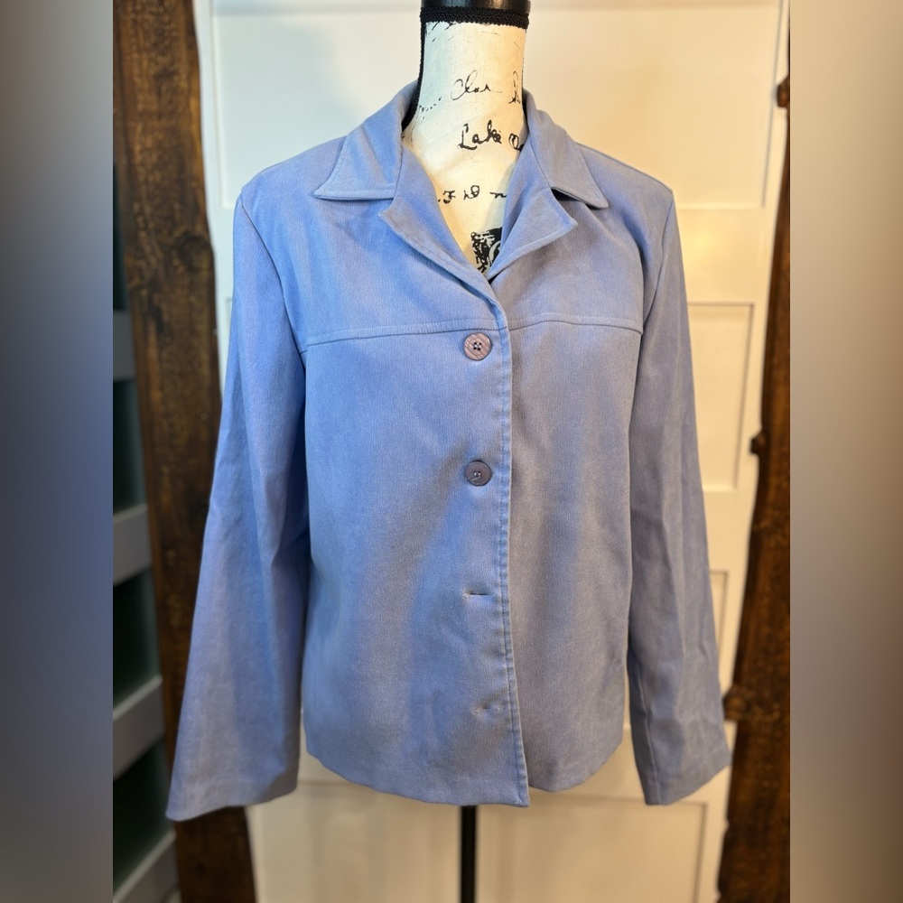 First Option Blue Jacket Women’s Size Large Shiny Button Front Blazer Style